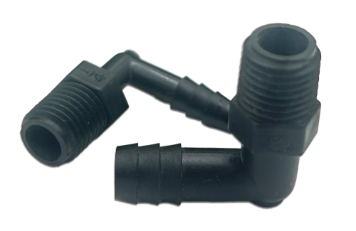 Image of two black polyethylene elbow fittings with threaded ends. The fittings are positioned at a right angle to each other, showcasing their L-shaped design.
