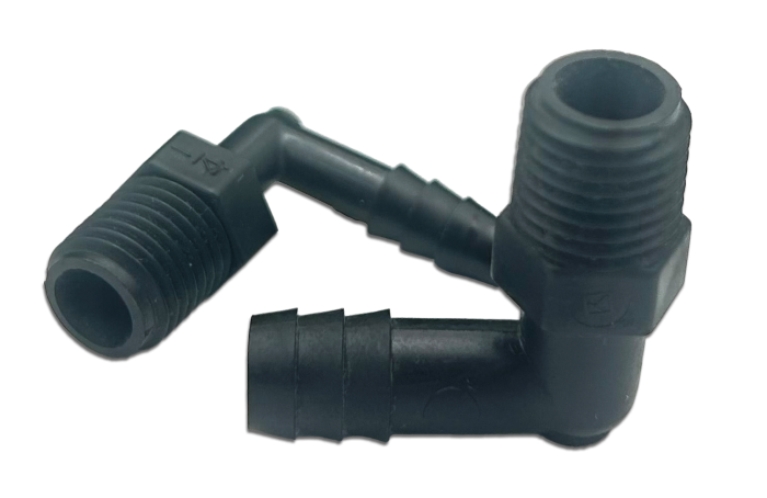 Image of two black polyethylene elbow fittings with threaded ends. The fittings are positioned at a right angle to each other, showcasing their L-shaped design.