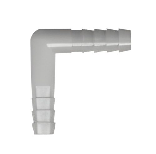Nylon elbow fitting tube to tube, featuring a right-angle design with ribbed ends for secure connection. Made of durable nylon, suitable for plumbing or industrial applications.
