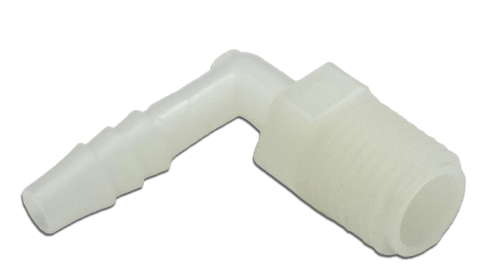 Image of a nylon elbow fitting designed for connecting a tube to a pipe. The fitting features a right-angle bend with a ribbed end for the tube and a threaded end for the pipe, showcasing its functionality in fluid systems.