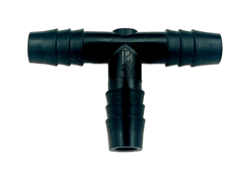 Image of a polyethylene tee fitting for all tube connections. It features three barbed ends forming a T-shape, designed for secure attachment in plumbing or irrigation systems. The fitting is black and made of durable polyethylene material.