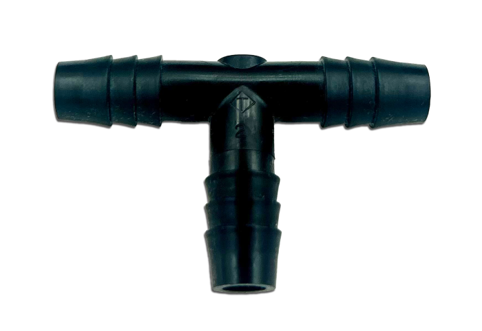 Image of a polyethylene tee fitting for all tube connections. It features three barbed ends forming a T-shape, designed for secure attachment in plumbing or irrigation systems. The fitting is black and made of durable polyethylene material.