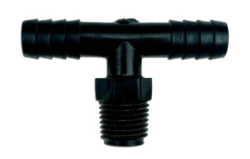 Image of a black polyethylene tee fitting, designed for connecting a tube to a pipe. The fitting has two barbed ends and one threaded end, forming a T-shape.