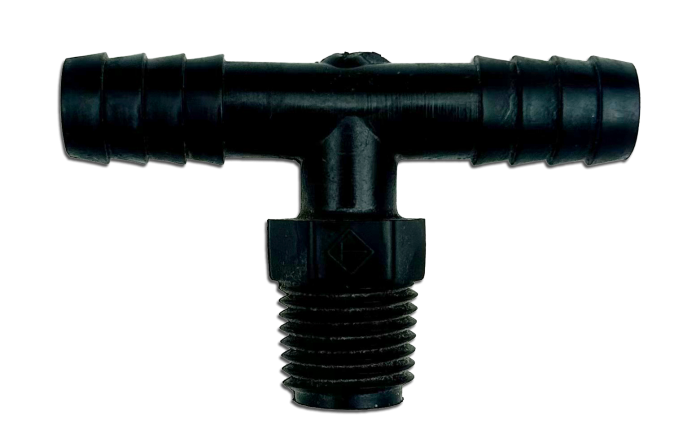 Image of a black polyethylene tee fitting, designed for connecting a tube to a pipe. The fitting has two barbed ends and one threaded end, forming a T-shape.