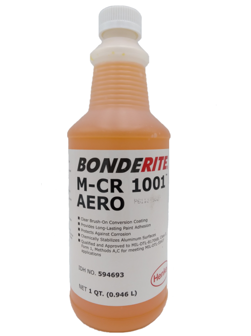 Bottle of Alodine Conditioner 1001, labeled "Bonderite M-CR 1001 Aero," featuring a white and orange design. The bottle is partially transparent, showing an orange liquid inside, with a screw cap on top.