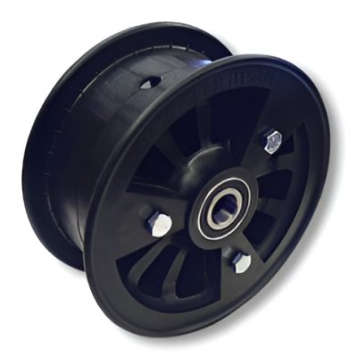 6″ Azusalite Wheel with a 5/8″ bearing, featuring a black plastic design and a central metal bearing. The wheel has multiple spokes and is secured with silver bolts, suitable for various applications.