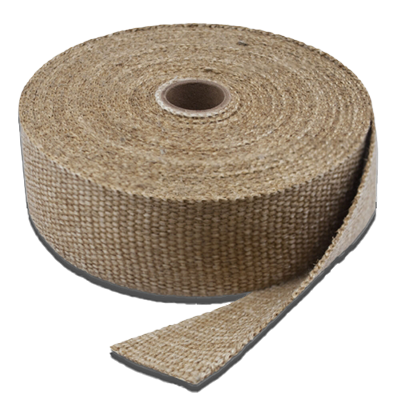 Exhaust Insulating Wrap shown as a roll of woven fabric tape, beige in color, with a loose end partially unrolled. The wrap is designed to insulate exhaust systems, reducing heat and protecting surrounding components.