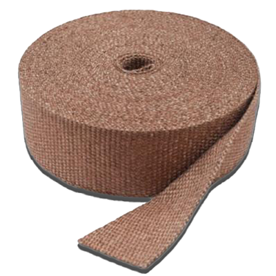 A roll of Generation II Copper Header Wrap, featuring a textured, brown fabric material. The wrap is coiled with a loose end extending outward, suitable for use in automotive or industrial applications to reduce heat.