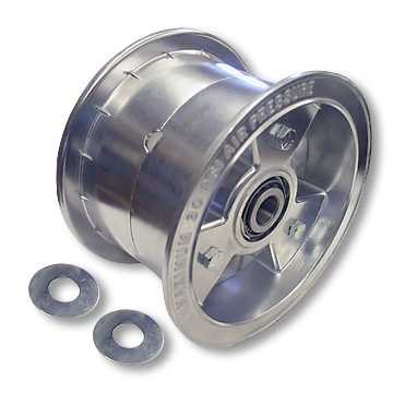 6" Wheel Aluminum 3/4" Taper featuring a shiny aluminum finish, a central bearing, and a tapered design. Two flat washers are positioned beside the wheel, indicating components for assembly or installation.