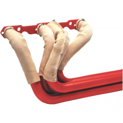 High Velocity Exhaust Jacket featuring red exhaust pipes wrapped in beige heat-resistant material. The design includes multiple bends and a mounting flange at one end, intended to improve exhaust flow and reduce heat.