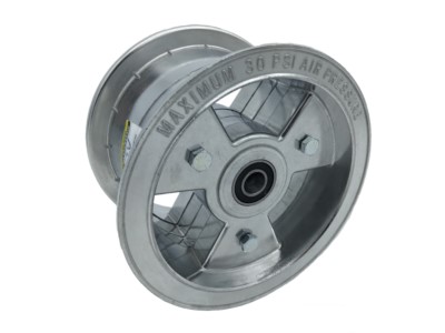 Aluminum wheel with a 6-inch diameter and 5/8-inch ball bearing, featuring a sturdy, open-spoke design. The rim is marked with "Maximum 30 PSI Air Pressure" in raised lettering.