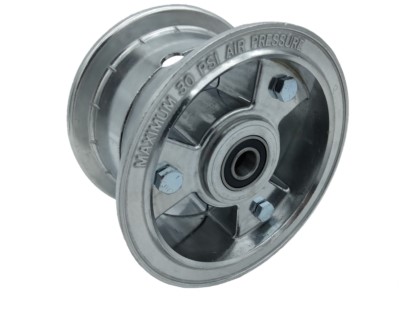 A metal pulley wheel with a central bearing and four visible bolts. The edge is engraved with text. This component is associated with "Hat Section Stringers."