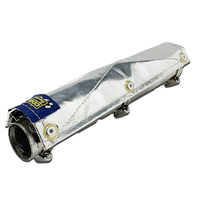 A shiny silver motorcycle clamp-on pipe shield kit, featuring a blue logo and multiple attachment points. The shield is designed to protect pipes from heat and damage, showcasing a sleek, durable construction suitable for motorcycle applications.