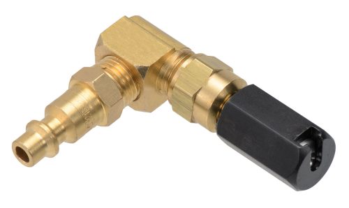 Cleveland Brake Bleeder Adapter, a brass component with an angled design. It features a threaded connection on one end and a black plastic nozzle on the other, used for efficient brake fluid bleeding in automotive applications.