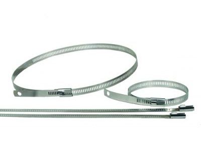 Three metal snap straps are displayed: one large circular strap, one medium circular strap, and two long, straight straps. Each strap features adjustable mechanisms for secure fastening. The image is related to the "Snap Strap Kit."