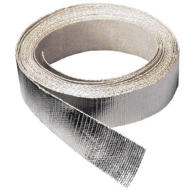 A roll of silver reflective tape labeled "Thermo-Shield," showcasing a textured surface and a smooth edge. The tape is coiled with a portion extending outward, emphasizing its flexible design for insulation or heat protection applications.