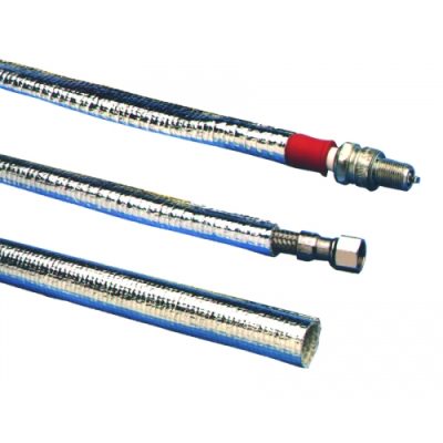 Three flexible metal hoses are displayed. The hoses have shiny, braided exteriors with red and silver fittings. The product is labeled "Thermo Sleeve," suggesting it is designed for thermal insulation or protection in various applications.