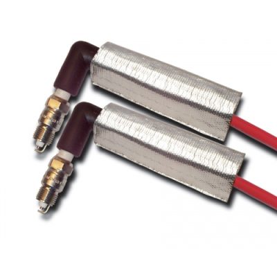 Spark Plug Wire Heat Shield shown with two spark plug wires. Each wire features a metallic heat shield covering, designed to protect against high temperatures. The wires are red, with angled connectors at one end and metallic fittings at the other.
