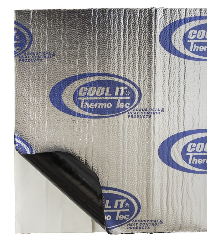 A rectangular mat with a shiny silver surface and a black underside, labeled "COOL IT Thermo Tec," designed for suppressing sound and controlling heat. The mat is partially folded to show both sides, emphasizing its dual functionality as an acoustical and heat control mat.