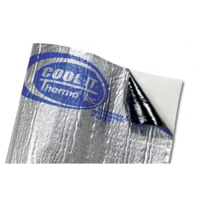 A close-up of a silver-colored suppressor acoustical and heat control mat, showing its textured surface and a corner being lifted to reveal a black underside. The mat is branded with the logo "COOL IT" in blue.