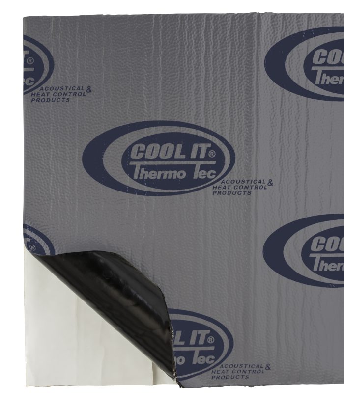 Super Sonic Acoustical Mat displayed, featuring a textured gray surface with a logo and a black underside partially visible. The mat is designed for soundproofing and thermal insulation applications.