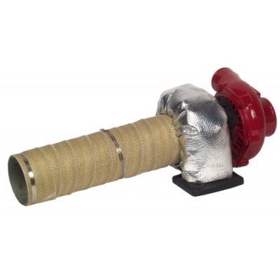 Turbo Insulating Kit featuring a metallic turbocharger with a red housing, connected to a flexible, insulated pipe. The insulation is wrapped around the pipe and turbo for heat protection, suitable for automotive performance enhancements.