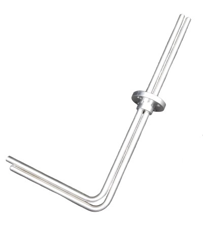 A metal pitot tube with two parallel tubes and a mounting flange, used for measuring fluid flow velocity. The tubes are bent at a right angle.