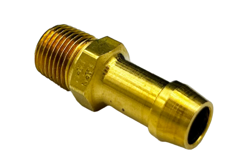 Image of a straight hose adapter made of brass. The adapter features a threaded end and a smooth, cylindrical end for hose attachment.