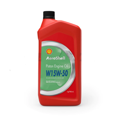 Red bottle of AeroShell Multi-Viscosity Oil, labeled W15W-50 for piston engines.