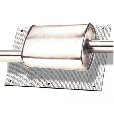 Muffler Heat Shield Kit featuring a metallic muffler attached to a textured heat shield. The shield is mounted on a flat surface, designed to protect components from heat generated by the muffler.