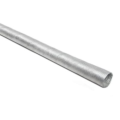 Thermo-Flex is a long, flexible metallic ducting tube with a shiny, corrugated surface. It is coiled in a straight line, suitable for ventilation or HVAC applications, providing durability and ease of installation.