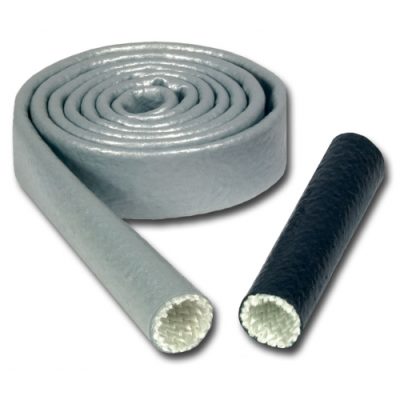 Heat Sleeves are shown in the image, featuring a rolled gray sleeve and a shorter black sleeve. The sleeves have a textured surface and are designed to insulate and protect against heat. The background is plain to emphasize the products.