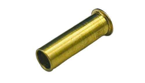 A cylindrical brass insert fitting with a smooth, shiny surface and a flared end, designed for secure connections in various applications. The fitting is shown against a plain background.