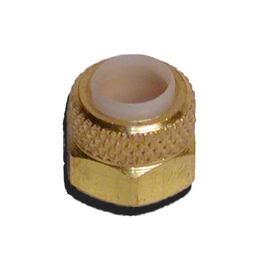 A brass nut with a textured surface and a white plastic sleeve inside, used for securing fittings.