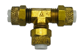 Image of a brass union tee fitting with three threaded ends and white inserts. The fitting is shaped like a "T" and used for connecting pipes or tubing in plumbing or hydraulic systems.