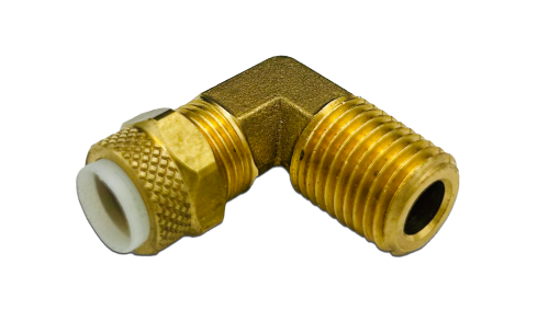 Image of a brass male elbow fitting with threaded ends, designed for connecting pipes at a 90-degree angle. One end features a white plastic insert.