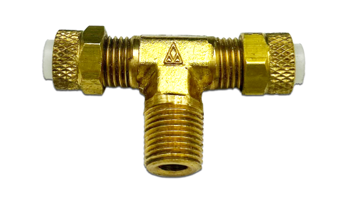 A brass male branch tee fitting with threaded connections on all three ends. The fitting is designed for joining pipes at a 90-degree angle, featuring a central T-shaped design.
