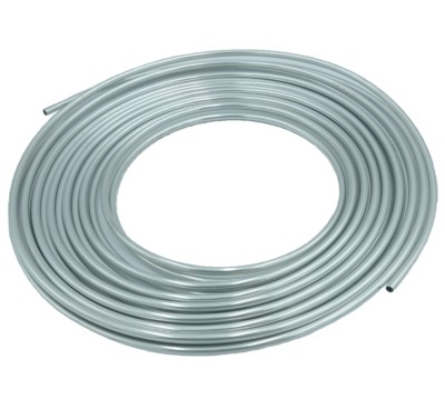 Coiled 3003-0 Aluminum Round Tubing on a white background, showcasing its smooth, metallic surface and flexibility.