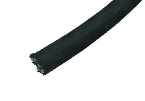 Close-up of a black braided hose labeled as "306 Hose MIL-H-5593," showing a cut end. The hose appears flexible and durable, suitable for various applications.