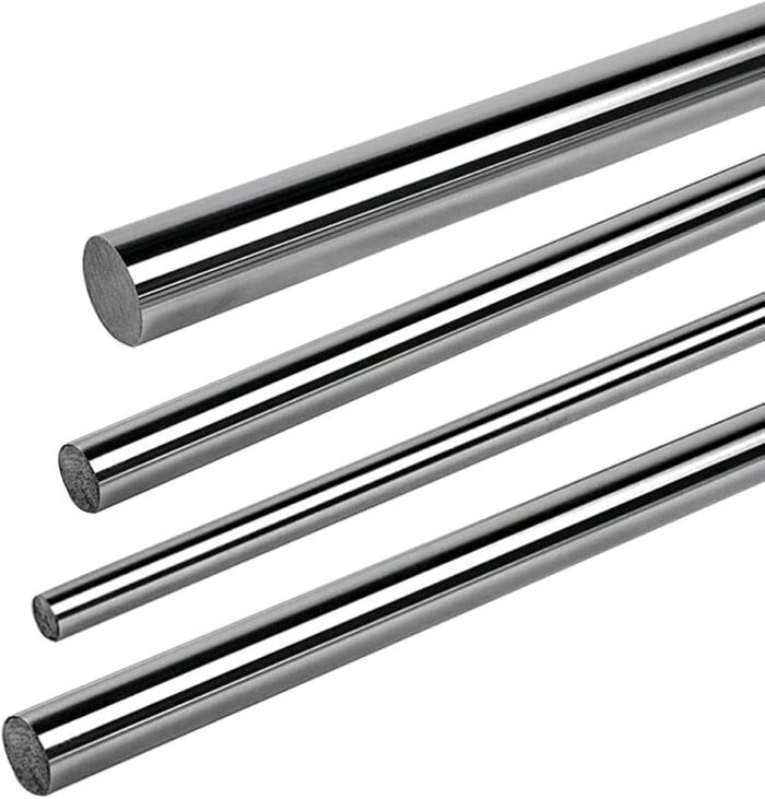 Four polished 304 stainless steel rods of varying diameters are arranged diagonally against a plain background, showcasing their smooth, reflective surfaces.
