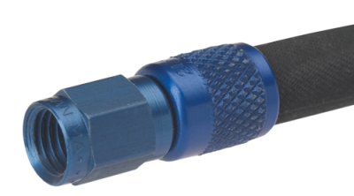 A close-up of the 306 Hose MIL-H-5593, featuring a black rubber hose with a blue anodized aluminum fitting. The fitting has a knurled texture for grip and a threaded end for secure attachment.