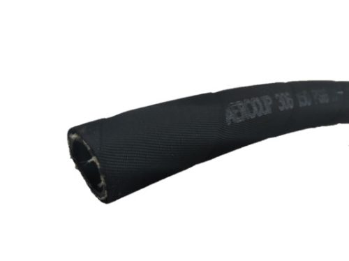 Close-up of a black 306 Hose MIL-H-5593, showing its textured surface and partial labeling. The hose is slightly curved, with a visible open end.