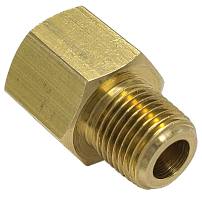 Brass pipe thread adapter with a hexagonal body and threaded end, designed for connecting pipes.