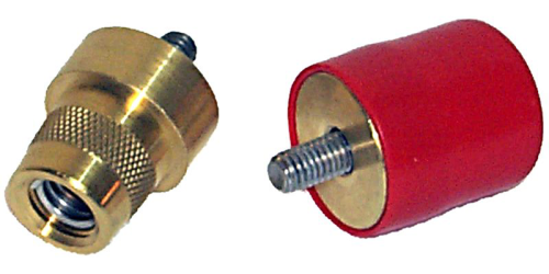 Battery Terminal Adapter Kit featuring two components: a brass adapter with a knurled grip and a red insulated adapter. Both have threaded ends for secure connection to battery terminals.