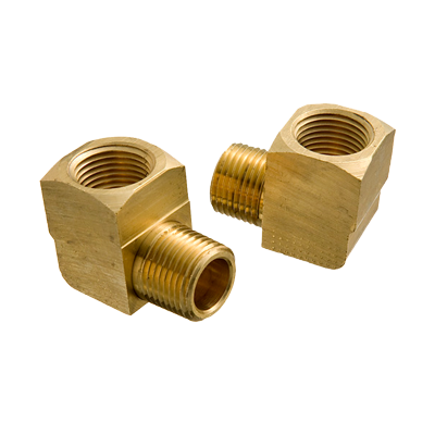 Two brass 90° street elbow fittings, each with a threaded male end and a threaded female end, are shown against a plain background.