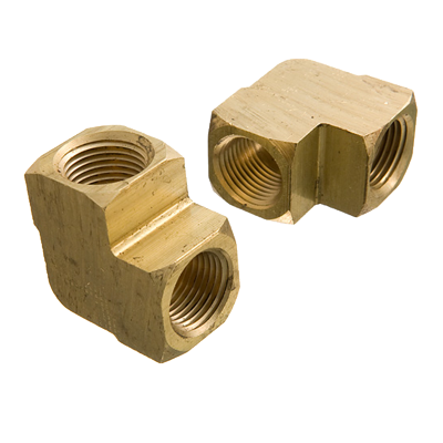 Two brass elbow fittings with threaded openings, positioned to show different angles.
