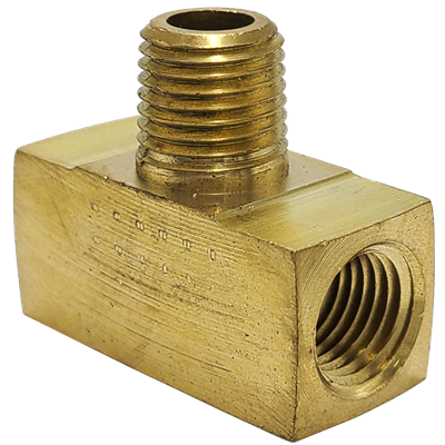 Brass male branch tee fitting with a threaded top and side opening, designed for connecting pipes or tubes.