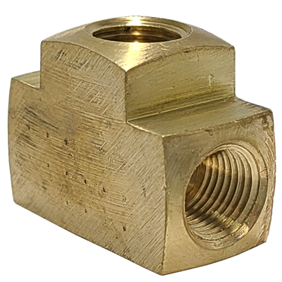 Brass female tee fitting with three threaded openings, used for plumbing or gas connections. The fitting has a T-shape and a polished finish.