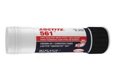 Image of a Loctite Pipe Sealant stick, labeled "Loctite 561." The packaging is predominantly white with a black cap and red text, indicating it is a PTFE sealant for pipes.