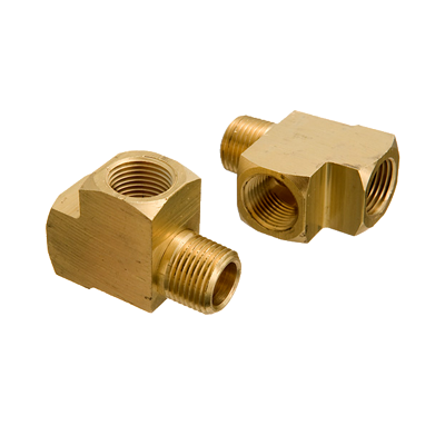 Two brass 90° street tee fittings with threaded openings, designed for connecting pipes at right angles. The fittings have a shiny gold finish and are positioned to show different angles.